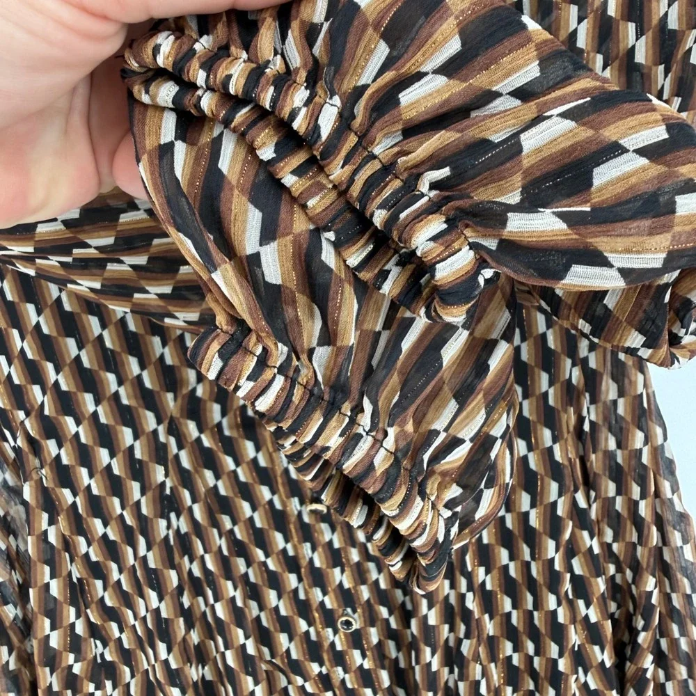 ZARA BROWN GEO PRINT GOLD LUREX MINI SHIRT DRESS RETRO‎ SMALL -- FLAWED